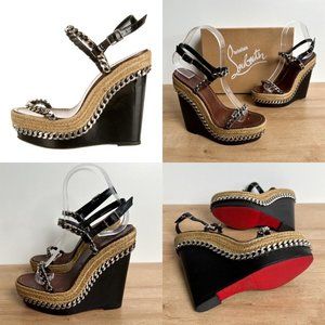 Christian Louboutin Black Patent Leather Espadrille Wedge Sandals